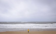 Вид ззаду руда жінка стоїть на піщаному пляжі . — стокове фото