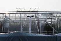 Water flowing from pipes of greenhouse in farm — Stock Photo