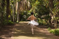 Vista trasera de bailarina de ballet urbana bailando en el parque . - foto de stock