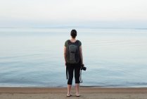Вид ззаду жінки, що стоїть з рюкзаком і камерою на пляжі — стокове фото