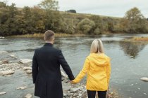 Вид сзади на пару, держащуюся за руку и стоящую у реки — стоковое фото