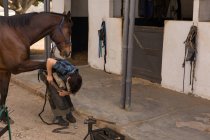 Женщина сажает подковы в лошадиную ногу в конюшню — стоковое фото