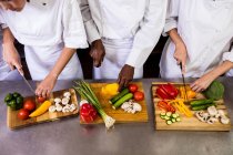 Группа поваров, рубящих овощи на кухне — стоковое фото