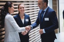 Empresários tendo uma discussão e apertando as mãos no escritório — Fotografia de Stock