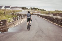 Visão traseira da bicicleta de passeio de atleta na estrada do país — Fotografia de Stock