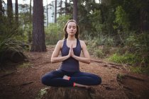 Mulher realizando ioga na floresta em um dia ensolarado — Fotografia de Stock