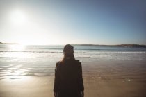 Vue arrière de la femme debout sur la plage pendant la journée — Photo de stock