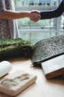 Искусственная трава и каменная плита на столе в офисе — стоковое фото