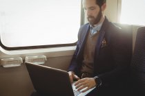 Geschäftsmann benutzt Laptop während Zugfahrt — Stockfoto