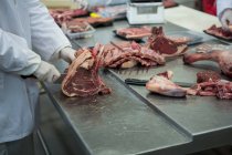 Close-up of butchers cutting meat at meat factory — Stock Photo