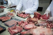 Açougueiros limpando carne picada na fábrica de carne — Fotografia de Stock