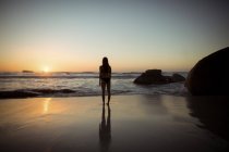 Вид сзади женщины, стоящей на пляже во время заката — стоковое фото