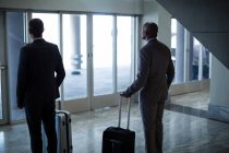 Vista posteriore di uomini d'affari con bagagli in piedi in zona d'attesa in aeroporto — Foto stock