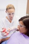 Dentist showing model teeth to female patient in dental clinic — Stock Photo