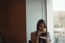 Красива жінка має чашку кави біля вікна в кафе — стокове фото