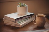 Chávena de chá e planta da casa na pilha de livros na mesa na sala de estar em casa — Fotografia de Stock
