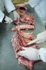 Крупним планом м'ясорубки ріжуть м'ясо на м'ясокомбінаті — стокове фото