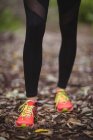 Mulher de sapatos esportivos em pé na floresta — Fotografia de Stock