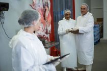 Bouchers interagissant avec une technicienne à l'usine de viande — Photo de stock