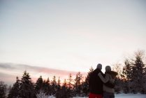 Vista trasera de la pareja de esquiadores de pie en la montaña cubierta de nieve - foto de stock