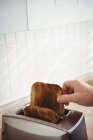 Primer plano del hombre tostando pan en la cocina en casa - foto de stock