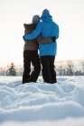 Вид сзади на пару, стоящую и обнимающую друг друга на снежном ландшафте — стоковое фото
