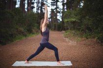Frau macht Yoga auf Trainingsmatte im Wald — Stockfoto
