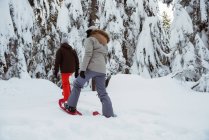 Пара лыжников, идущих по заснеженной горе — стоковое фото