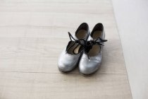Coppia di scarpe da ballo su pavimento in legno in studio di danza — Foto stock
