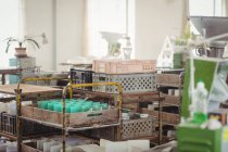 Glaswaren auf Wagen in der Werkstatt der Glasbläserei arrangiert — Stockfoto
