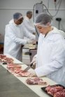 Carnicera cortando carne en fábrica de carne - foto de stock