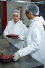 Carniceros envasan carne picada en fábrica de carne - foto de stock