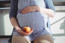 Mittlere Sektion der schwangeren Frau hält einen Apfel zu Hause — Stockfoto