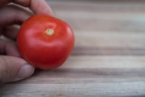 Primer plano de la mano sosteniendo el tomate en la mesa de madera - foto de stock