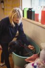 Жінка тримає собаку і підключення свинцю на гачок у ванній — стокове фото