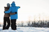 Пара стоящих и указывающих на расстояние по снежному ландшафту — стоковое фото