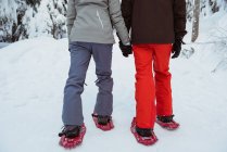 Baixa seção de casal esquiador andando na montanha coberta de neve — Fotografia de Stock