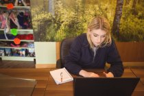 Femme utilisant un ordinateur portable dans le bureau — Photo de stock