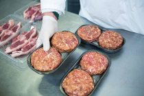 Mittelteil der Metzgerei arrangiert Pasteten auf Tablett in Fleischfabrik — Stockfoto