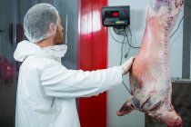Butcher weighing raw meat at meat factory — Stock Photo