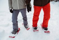 Baixa seção de casal esquiador com sapatos de neve na paisagem nevada — Fotografia de Stock