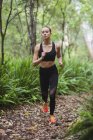 Beautiful woman jogging in forest — Stock Photo