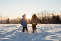Rückansicht eines Paares, das auf einer verschneiten Landschaft spaziert — Stockfoto