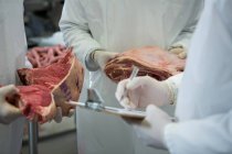 Seção intermediária de açougueiros mantendo registros na área de transferência na fábrica de carne — Fotografia de Stock