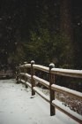 Estrada, cerca e árvores cobertas de neve durante o inverno — Fotografia de Stock