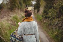 Vue arrière de la femme avec panier marchant sur la route entre les champs — Photo de stock