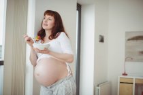 Задумчивая беременная женщина с салатом у окна дома — стоковое фото