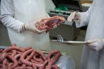 Sección media de carniceros manteniendo registros en el portapapeles en la fábrica de carne - foto de stock