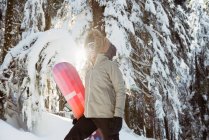 Mujer de pie y sosteniendo una tabla de snowboard en la montaña cubierta de nieve - foto de stock