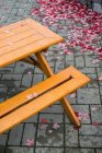 Пустой скамейке с опавшими листьями вокруг него на тротуаре — стоковое фото